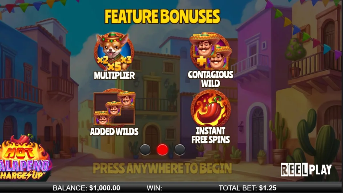 Tampilan visual ceria dari slot Hot Jalapeño Charge Up dengan tema fiesta Meksiko