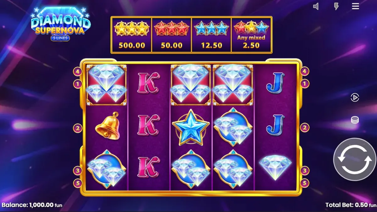 Tampilan visual slot Diamond Supernova dengan latar belakang ruang angkasa dan simbol berlian yang berkilau.