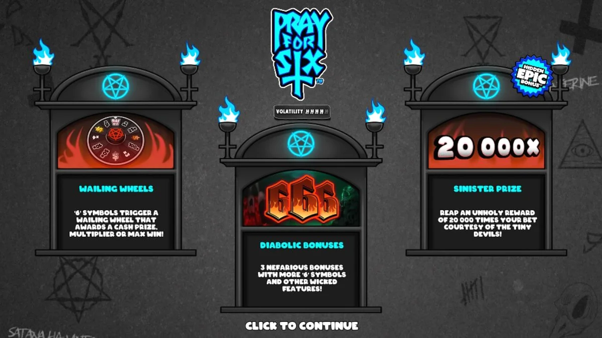 Visual slot Pray for Six dengan tema monokrom dan elemen kartun gothic