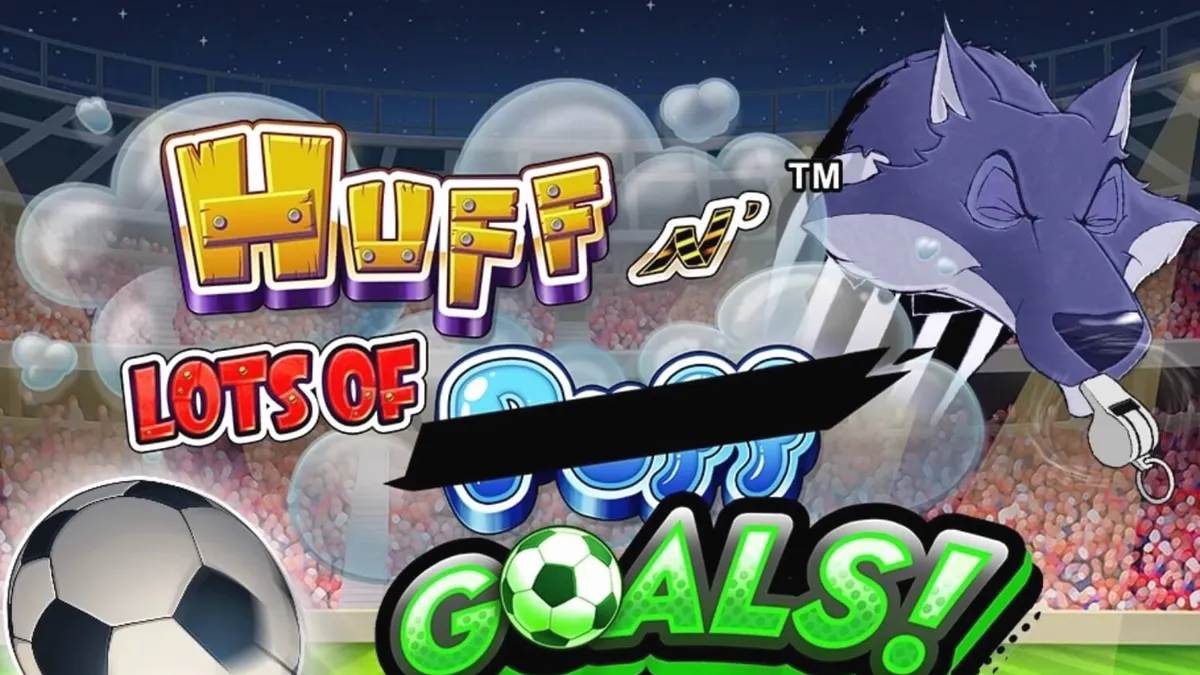 Tampilan visual slot Huff N’ Lots of Goals dengan tema sepak bola dan babi kecil